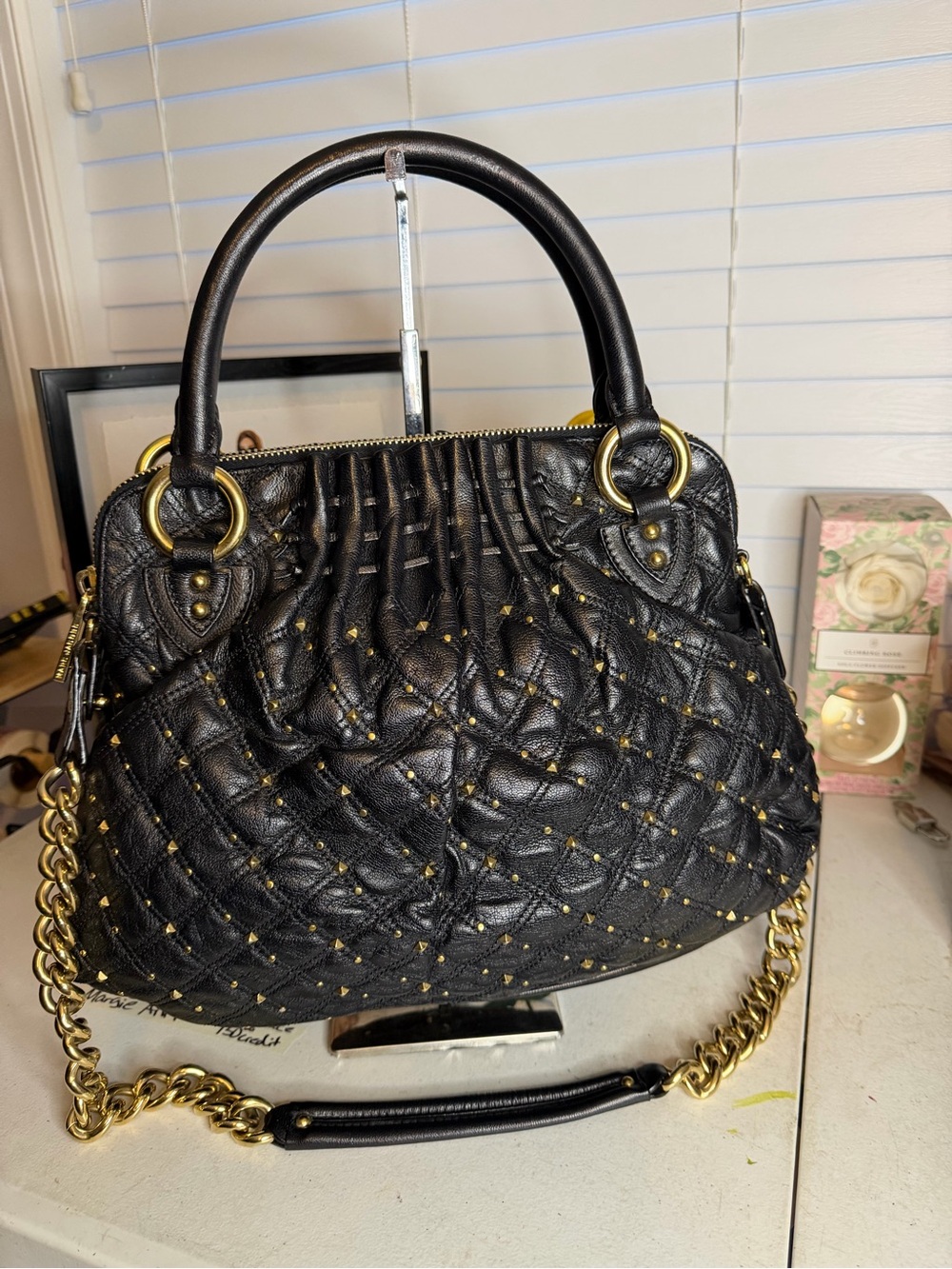 Marc Jacobs Cecilia Studded Satchel Bag Black Leather Gold Chain